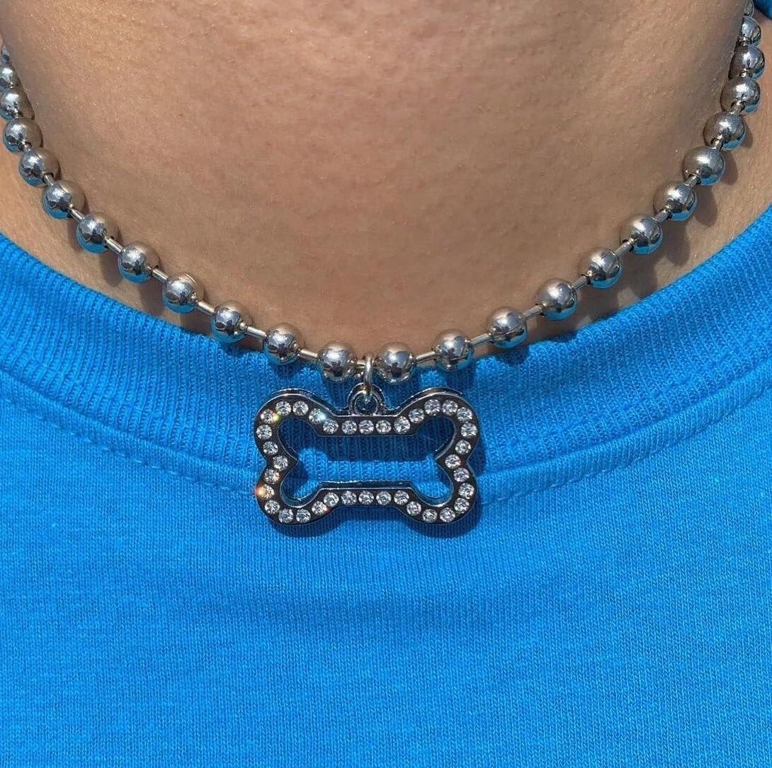 Punk Choker Y2k Sliver Gothic Choker For Women-Rhinestone Dog Bone Pendant Ball Chain Necklace - Image 5