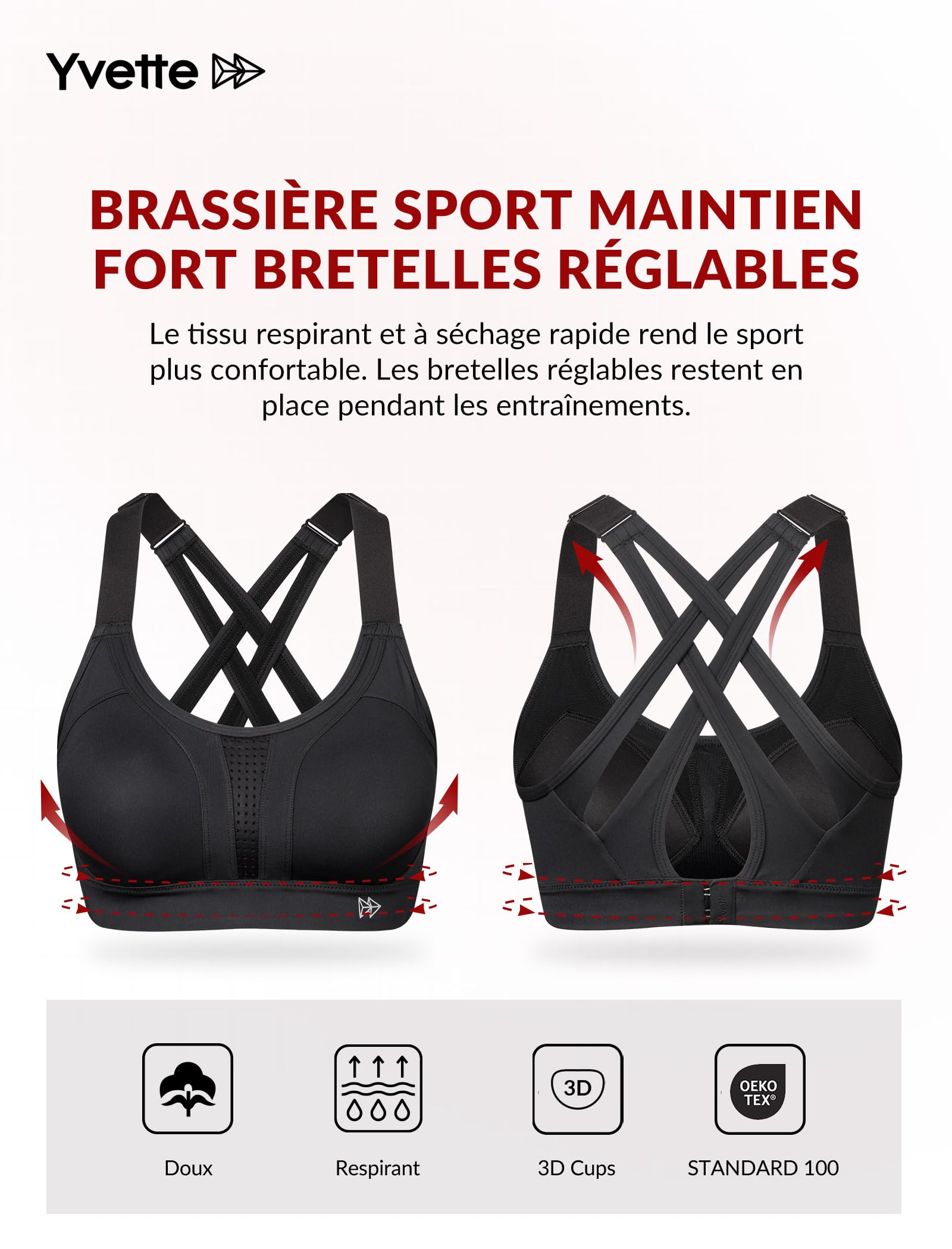 Yvette Soutien Gorge de Sport Femmes Bretelles Réglables Dos Croisées sans Armature Maintien Fort Grande Taille Course Fitness Gym