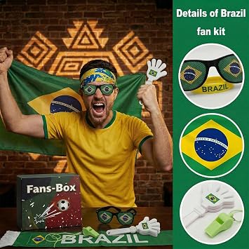 7 Pcs Cheering Kit for Football Matches, 2026 Brazil Soccer Fan Game Day Accessory Set, Includes Flag, Glasses, Whistle, Clapper, Wristband, Scarf & Headband