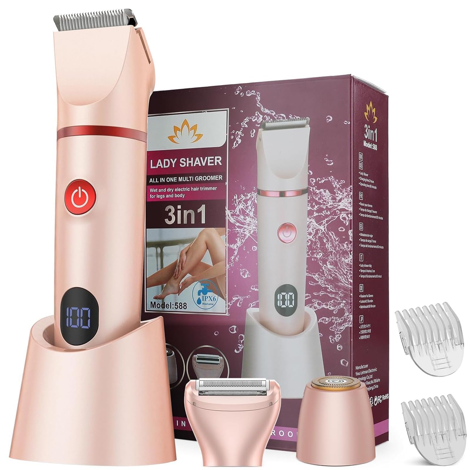 Afeitadora Eléctrica 3 en 1 para Muje, cortapelos corporal para mujer recortadora, Rasuradora Mujer zona Intima seco/mojado para Bikini Axilas Brazos Cara Nariz (Rosa)