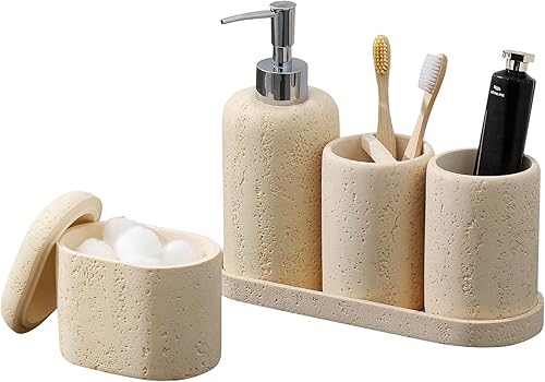 Miniatura 9 de Juego de accesorios de baño, 5 piezas de accesorios de baño modernos con bandeja, taza para enjuague bucal y soporte para pasta de dientes y soporte