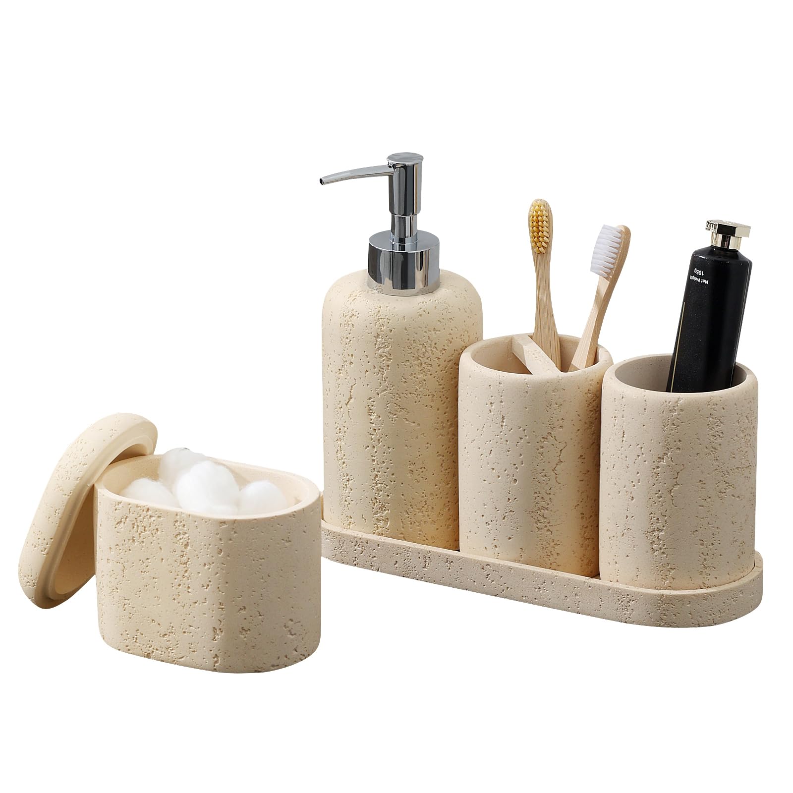 Bathroom Accessories Set, 5PCS Modern Bathroom Accessory Set with Soap Dispenser, Mouthwash Cup & Toothbrush Holder, Qtip Holder, Tray