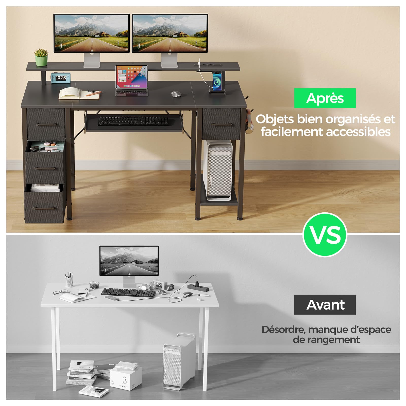Rolanstar Bureau avec Tiroirs, Bureau Gamer 120 x 47 cm avec Prise Intégrée, LED et Support Écran, Bureau d'Ordinateur avec Plateau Clavier- pour Jeu Travail Étude, Noir