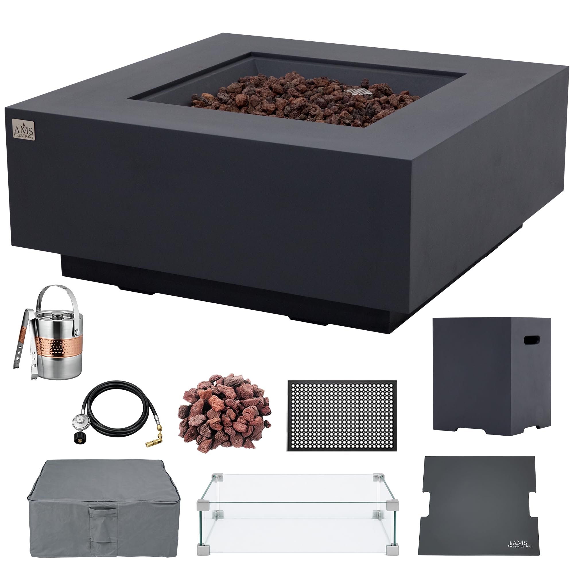 AMS 40" Square Concrete GFRC Propane Gas Fire Pit Table Bundle (Dark Gray)