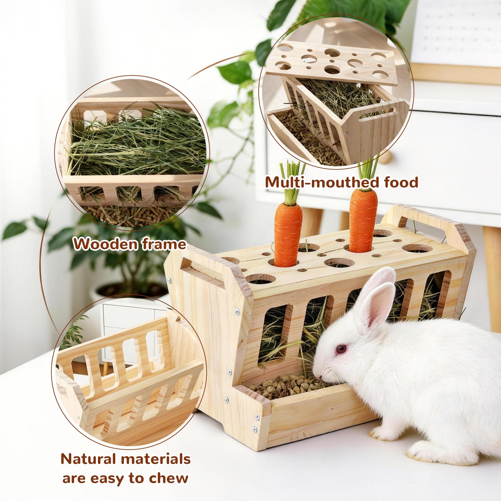 Distributeur de Foin en Bois Grande Capacité pour Lapins, 30×22×18CM Ratelier Foin Lapin, Mangeoire Autonome avec Râtelier à Carottes pour Cochon d'Inde Chinchilla Petit Animal