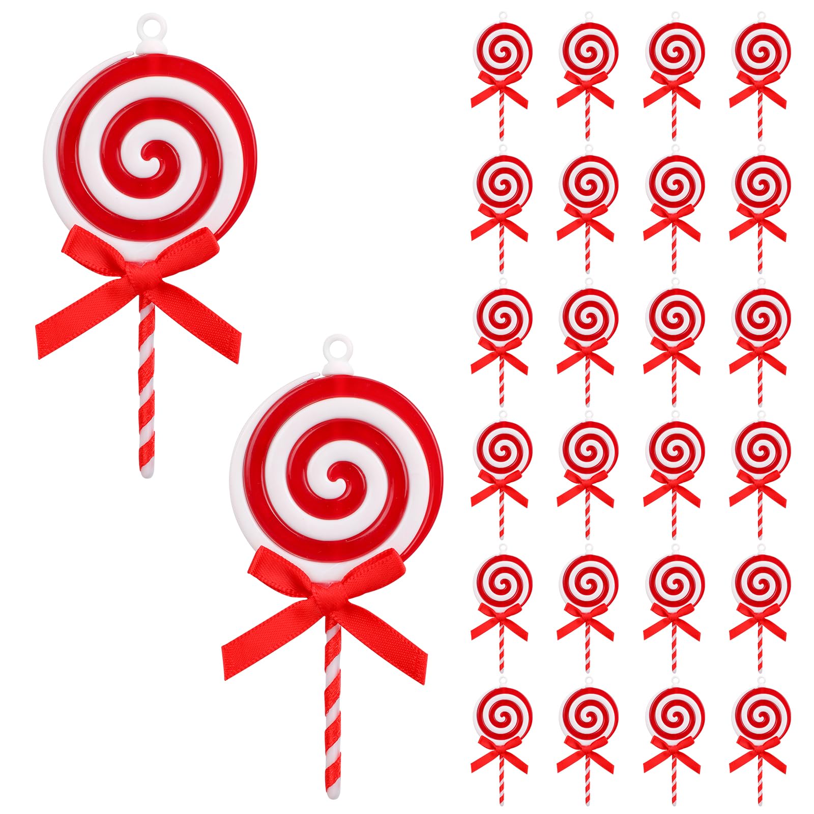 Fukaisu 24pcs Christmas Candy Ornament, Plastic Peppermint Cane Lane Lollipops Tree Decorations With Hanging Loop for Xmas Home Party Supplies Decor (Red, White)
