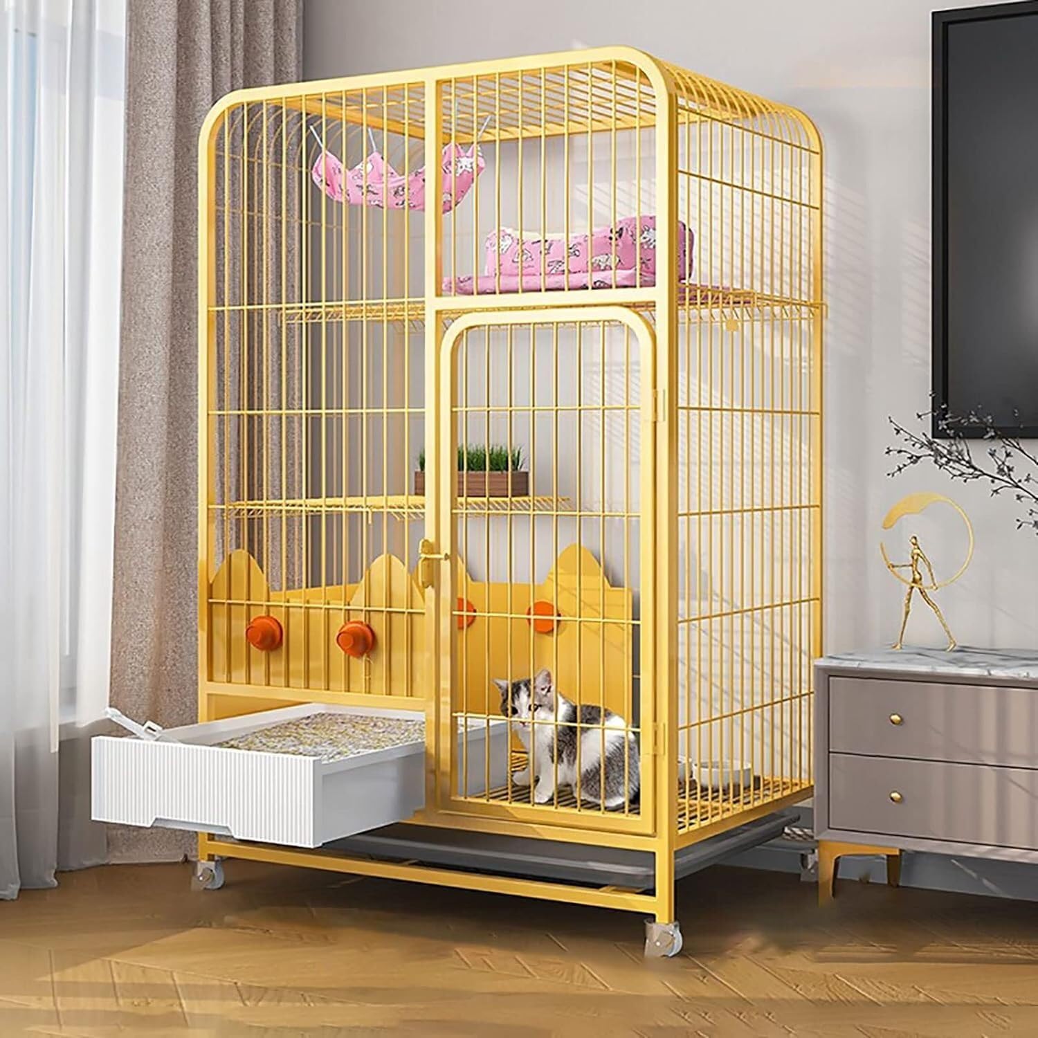asdchZen Cat House Indoor Cat Cage With Litter Box - Large Cat Cages Cat Crate Cat Playpen With Wheels Metal Kitten Cage,White/Yellow For Cat And Small Animals,Yellow-78x55x108cm
