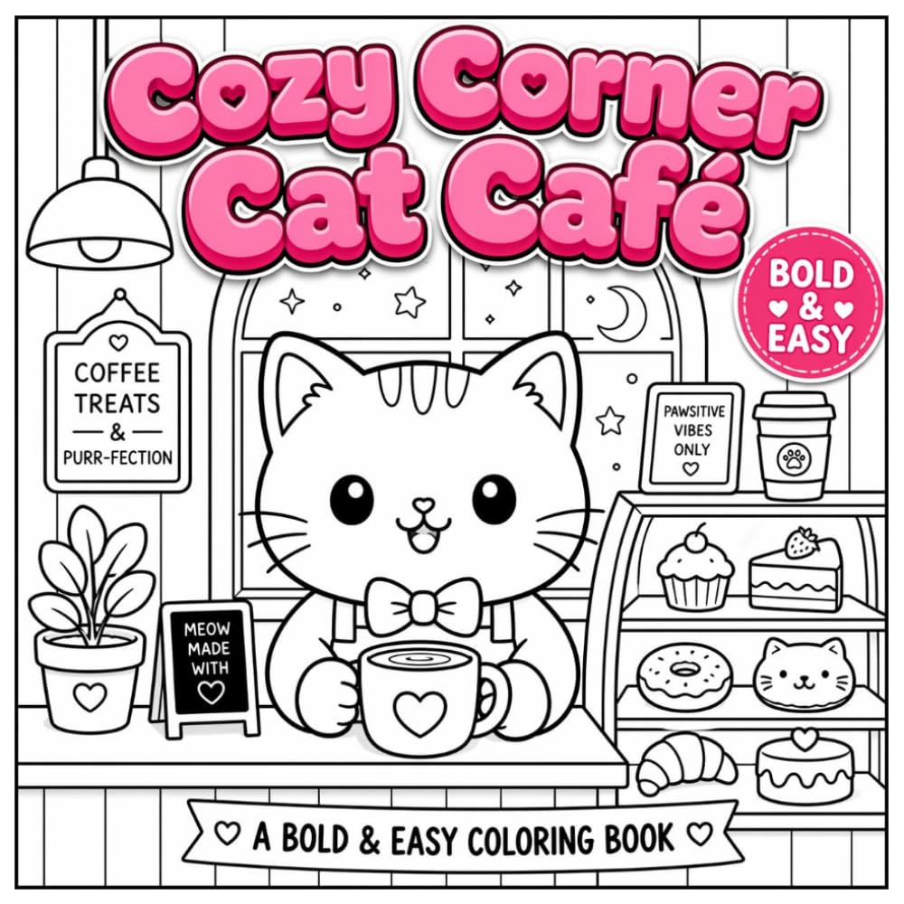 Cozy Corner Cat Café Coloring Book for Adults & Teens: Bold & Easy Cute Cat Coloring Pages with Cozy Café Scenes for Stress Relief, Relaxation & Mindfulness