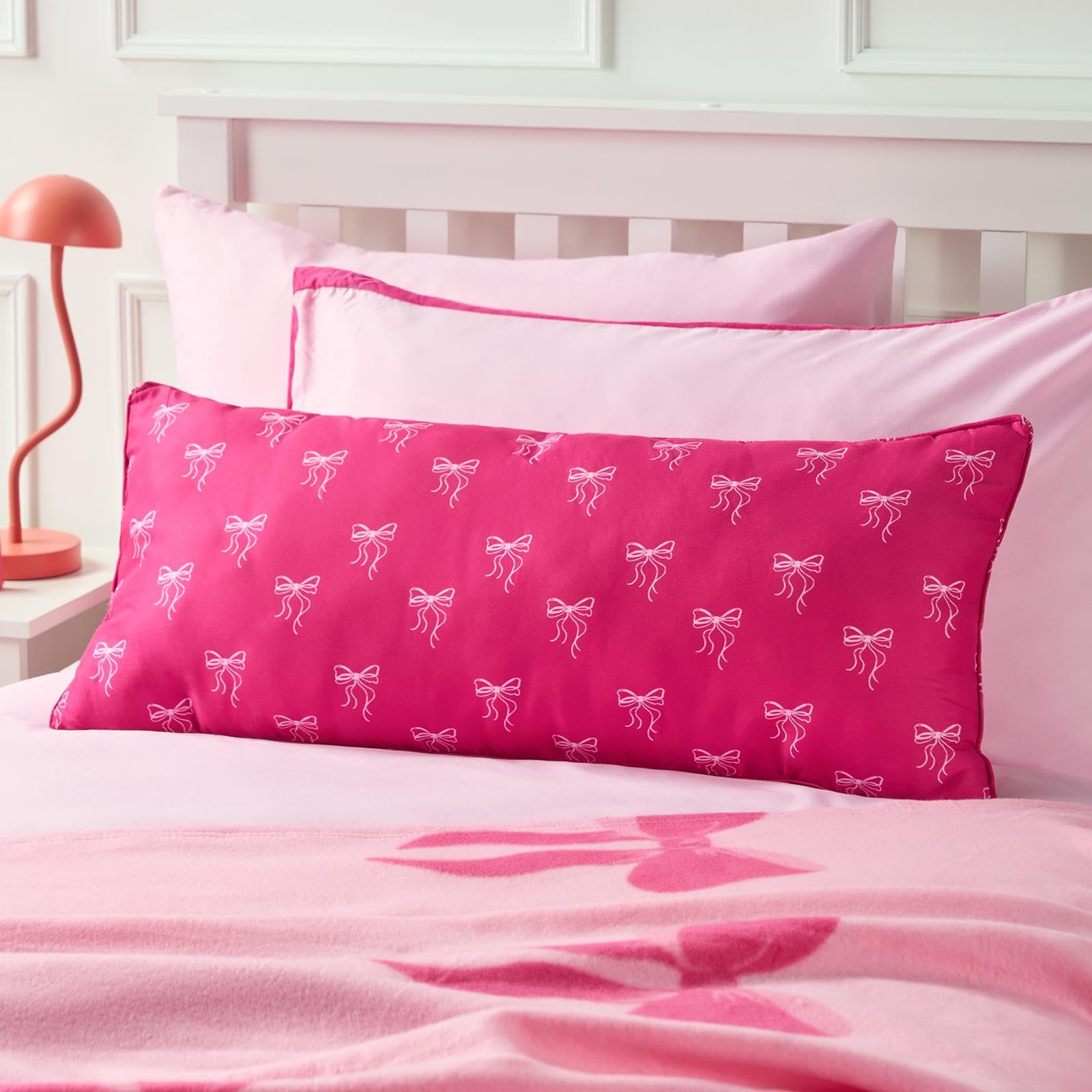 Ohs Girls Bows - Pink Kids Bolster Pillow For Bed Bow Print, Full Body Pillow Soft Hollowfibre Filling Cuddle Cushion Back Support Pillows For Side Sleeper Gifts For Teenage Boys, Pink