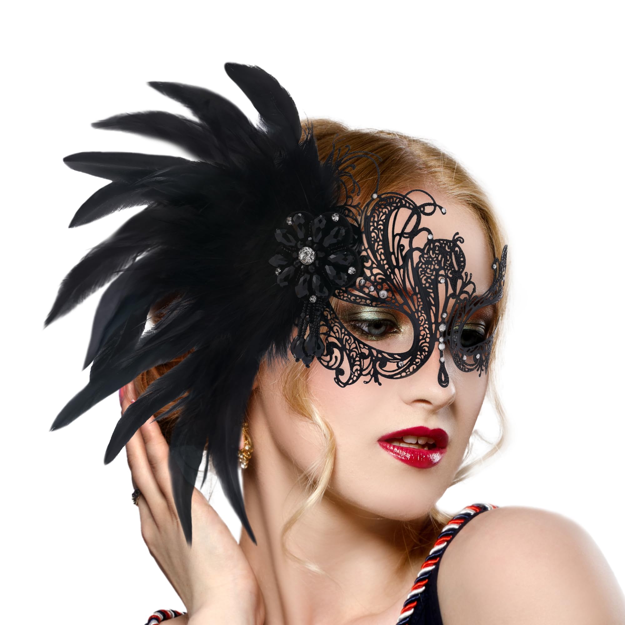 ETOFETE Feather Masquerade Mask for Women Prom Ball Party Black Venetian Mask with Removable Feather Hair Clip for Mardi Gras - Image 2