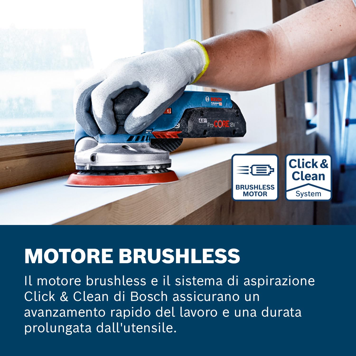 Bosch Professional 18V System Levigatrice Rotoorbitale a Batteria Gex 18V-125 (Incl. Platorello (125 Mm), 1 Carta Abrasiva, Sacchetto Raccoglipolvere, senza Batterie e Caricabatterie)