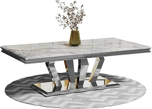 ACEDÉCOR Mesa auxiliar mesa de centro plateada con cuatro bases de espejo geométrico mesa de café rectangular con marco de metal mesa de centro