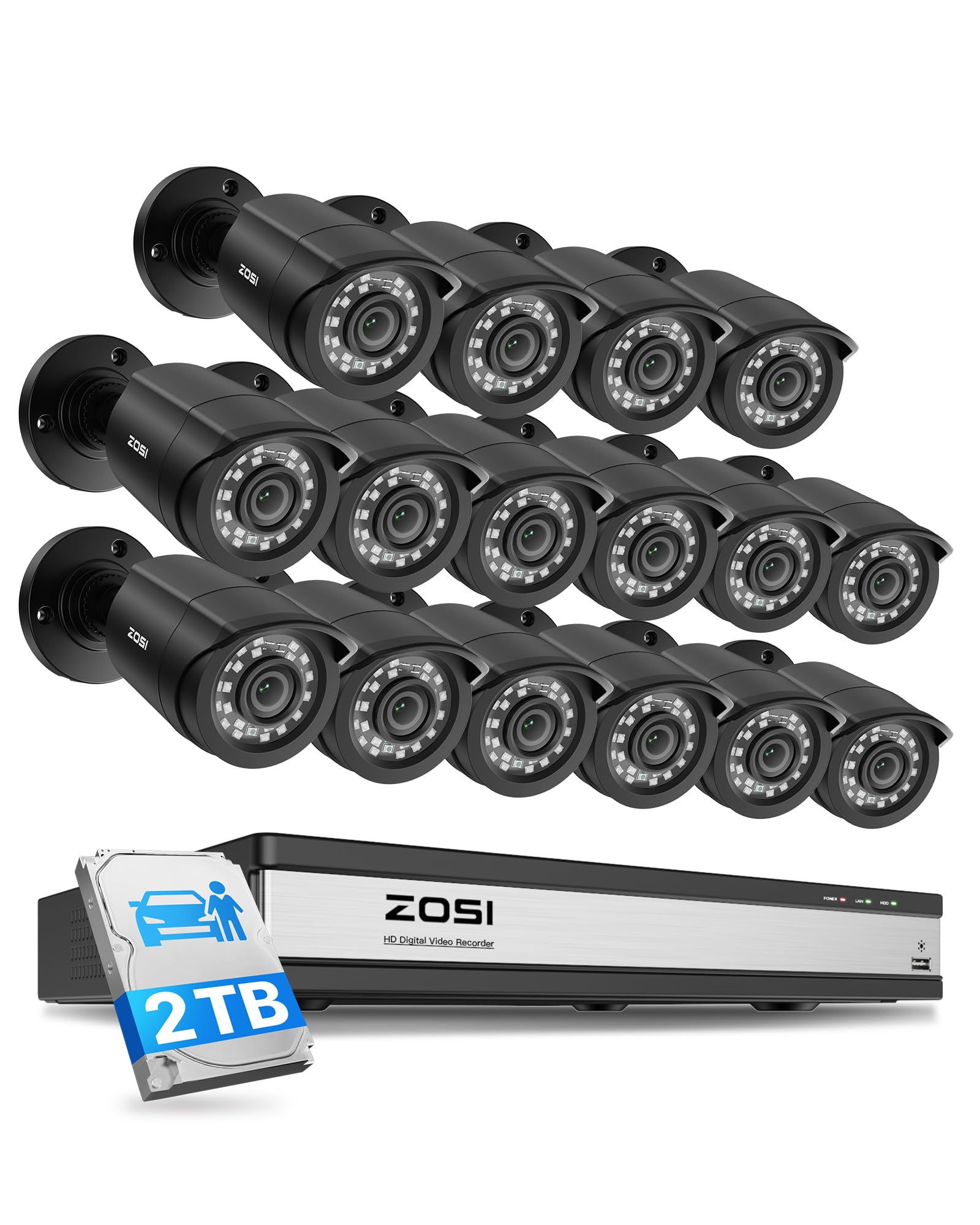 ZOSI 16CH 3K Lite Home Wired Security Camera System, 16X 2MP Cams, 2TB HDD