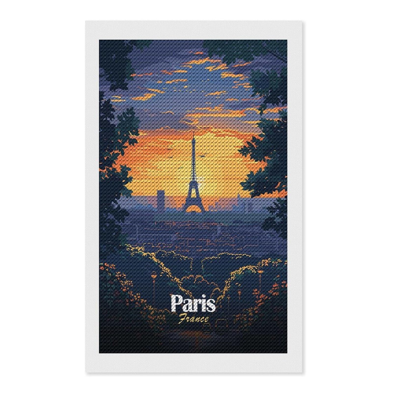 Junmoney Paris Sunset Skyline Diamond Art Kit 12"x20", Vintage Style Decor, Stress Relief Craft, Decor Project, Relaxing DIY, Creative Hobby