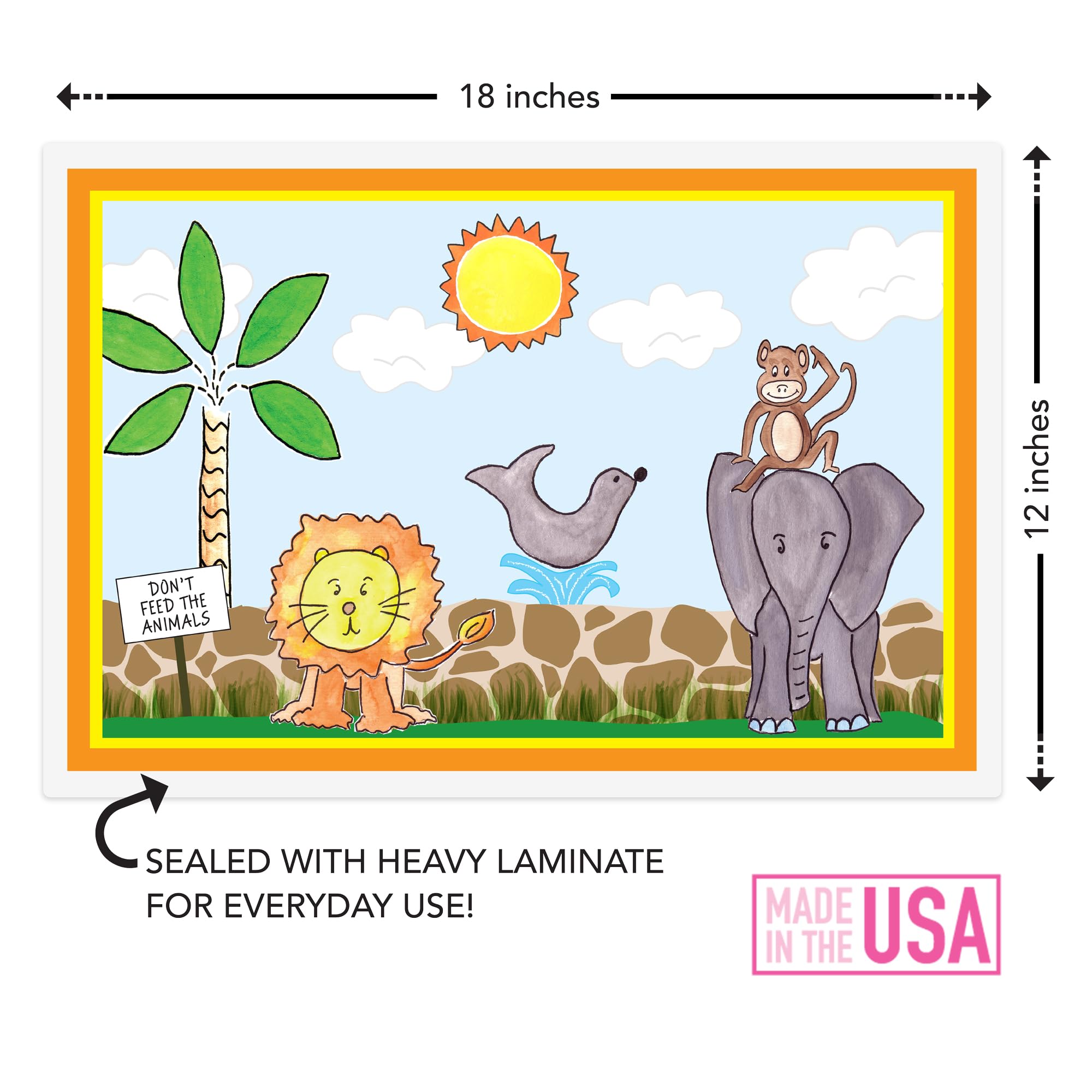 Zoo Animals Placemat for Kids by Kelly Hughes, Laminated, Made in The USA