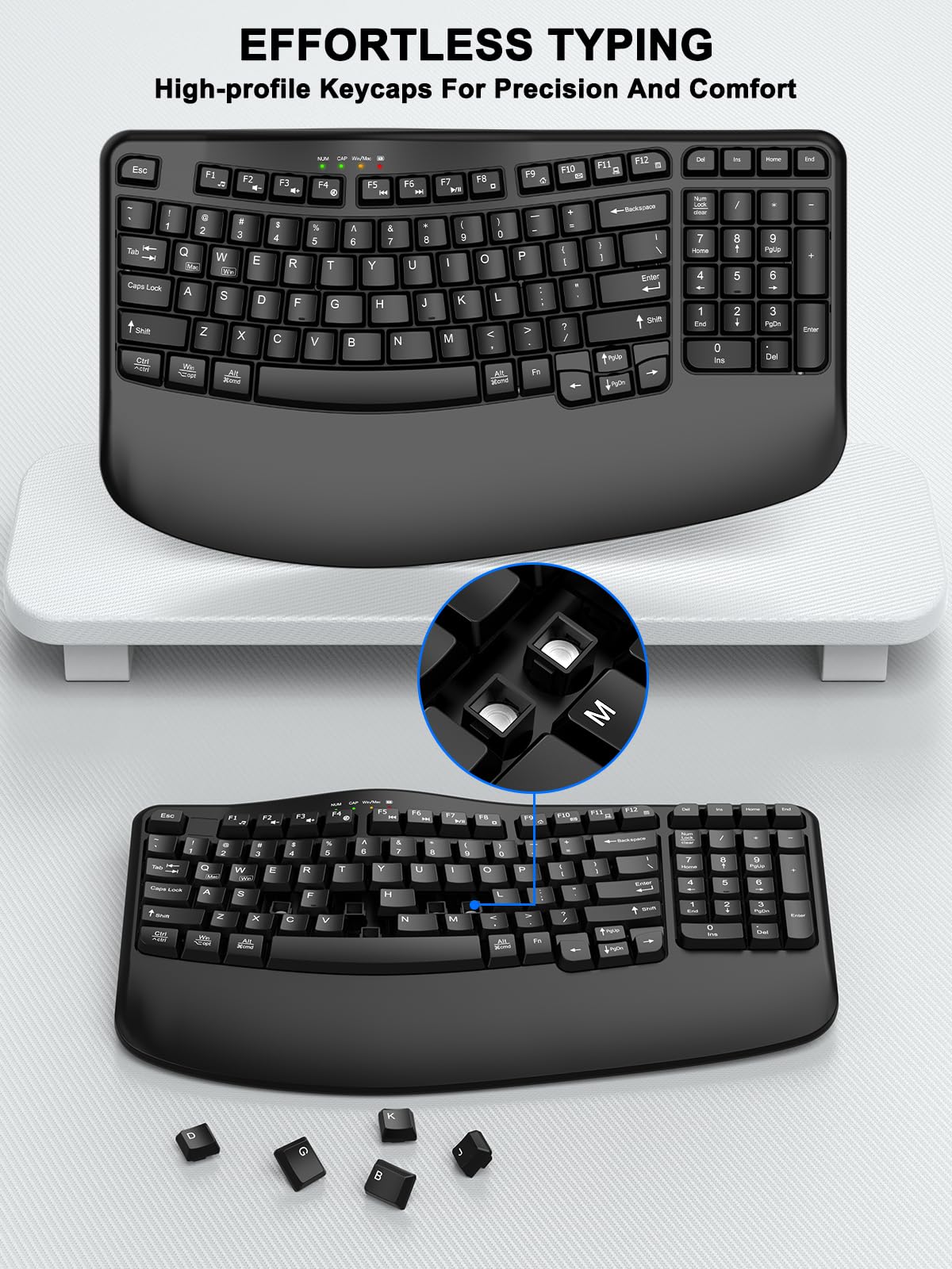 EDJO Teclado inalámbrico ergonómico con reposamuñecas, teclas onduladas, escritura natural cómoda, teclado inalámbrico Ergo de 2.4 GHz para computadora, Windows, Mac OS, portátil, PC (negro)