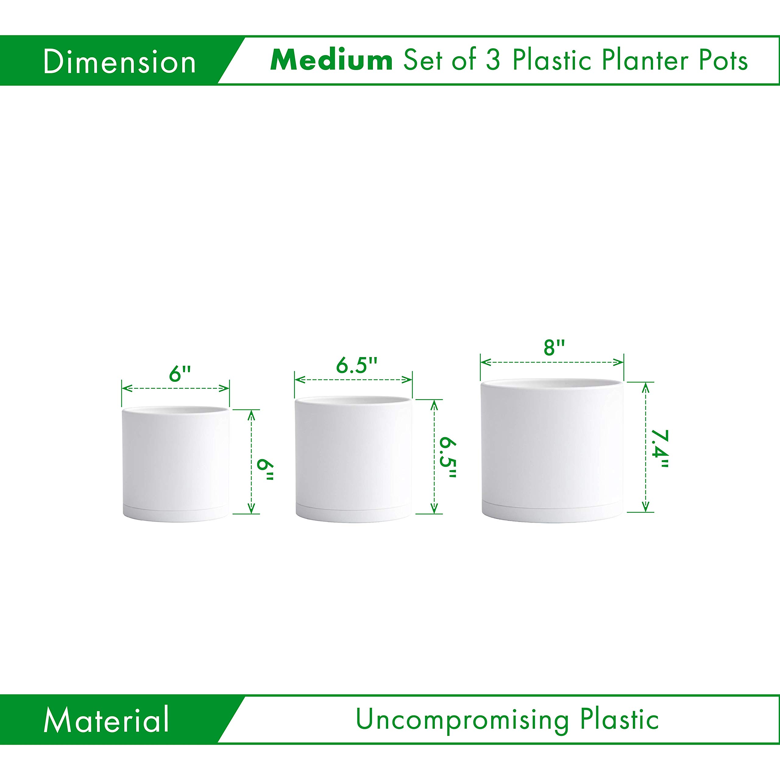 D'vine Dev 6 Inch 6.5 Inch 8 Inch, Set of 3, White Colour Planter Pots for Plants with Drainage Hole and Seamless Saucers - Image 2