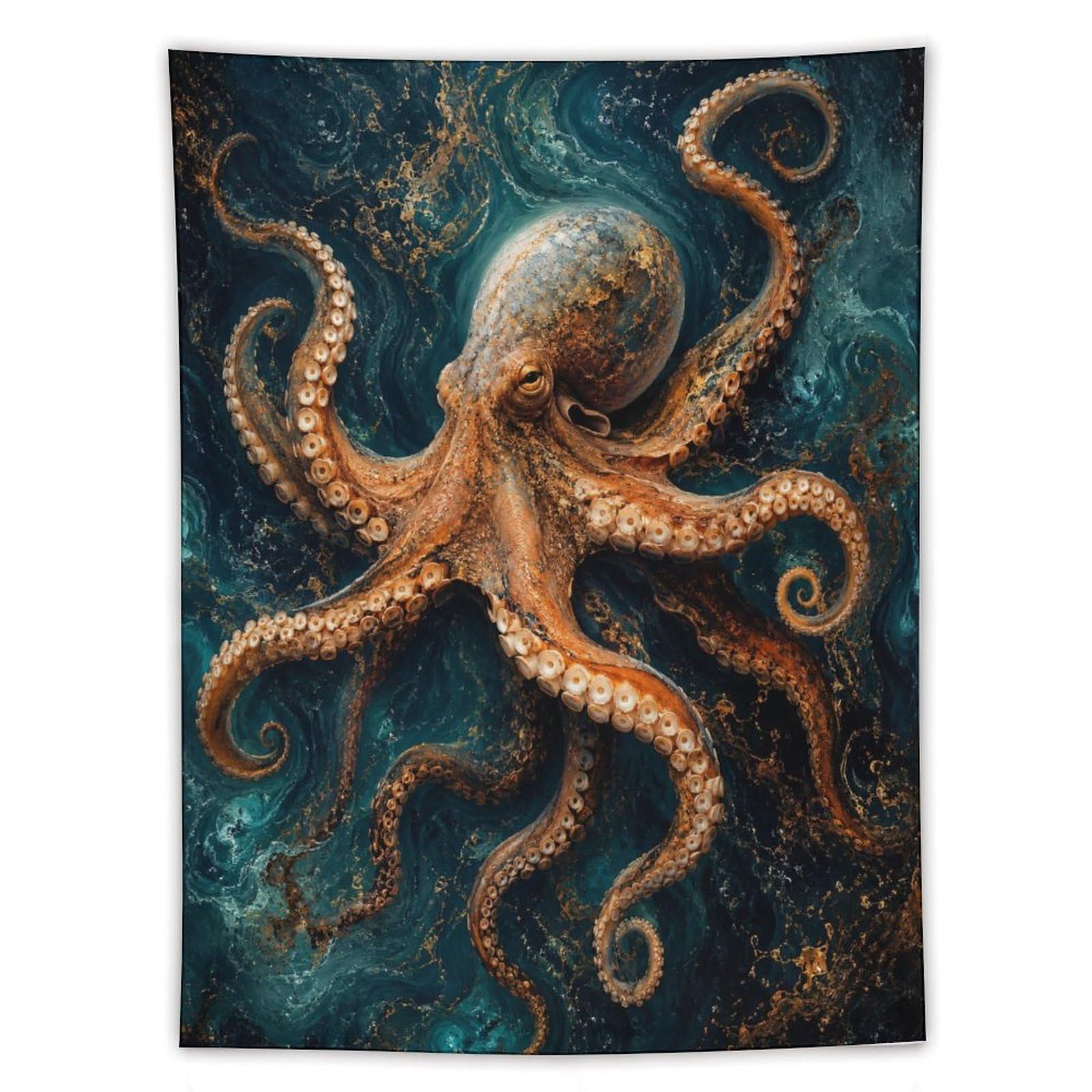 W7C8U2X3 Textured Ocean Octopus Wall Tapestry, Detailed Illustration