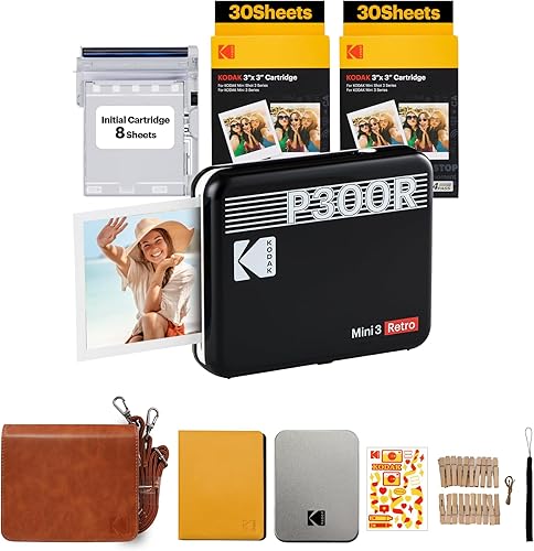 KODAK Mini 3 Retro 4PASS - Impresora fotográfica portátil (3 x 3 pulgadas) + paquete de regalo de 68 hojas, color negro
