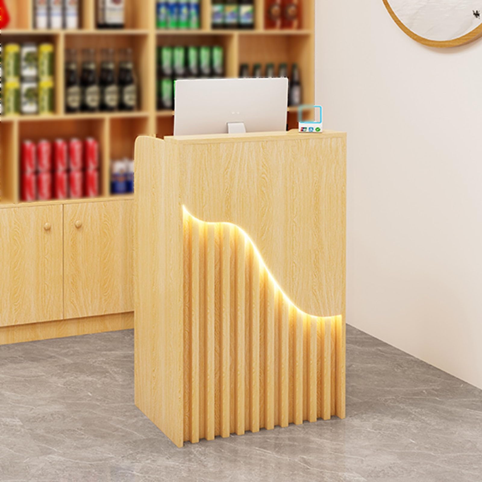 Bancone Reception con venature del Legno, con mobiletto per la Cassa e cassettiera per supermercato, minimarket, bancone Reception per Hotel, Negozio al Dettaglio.