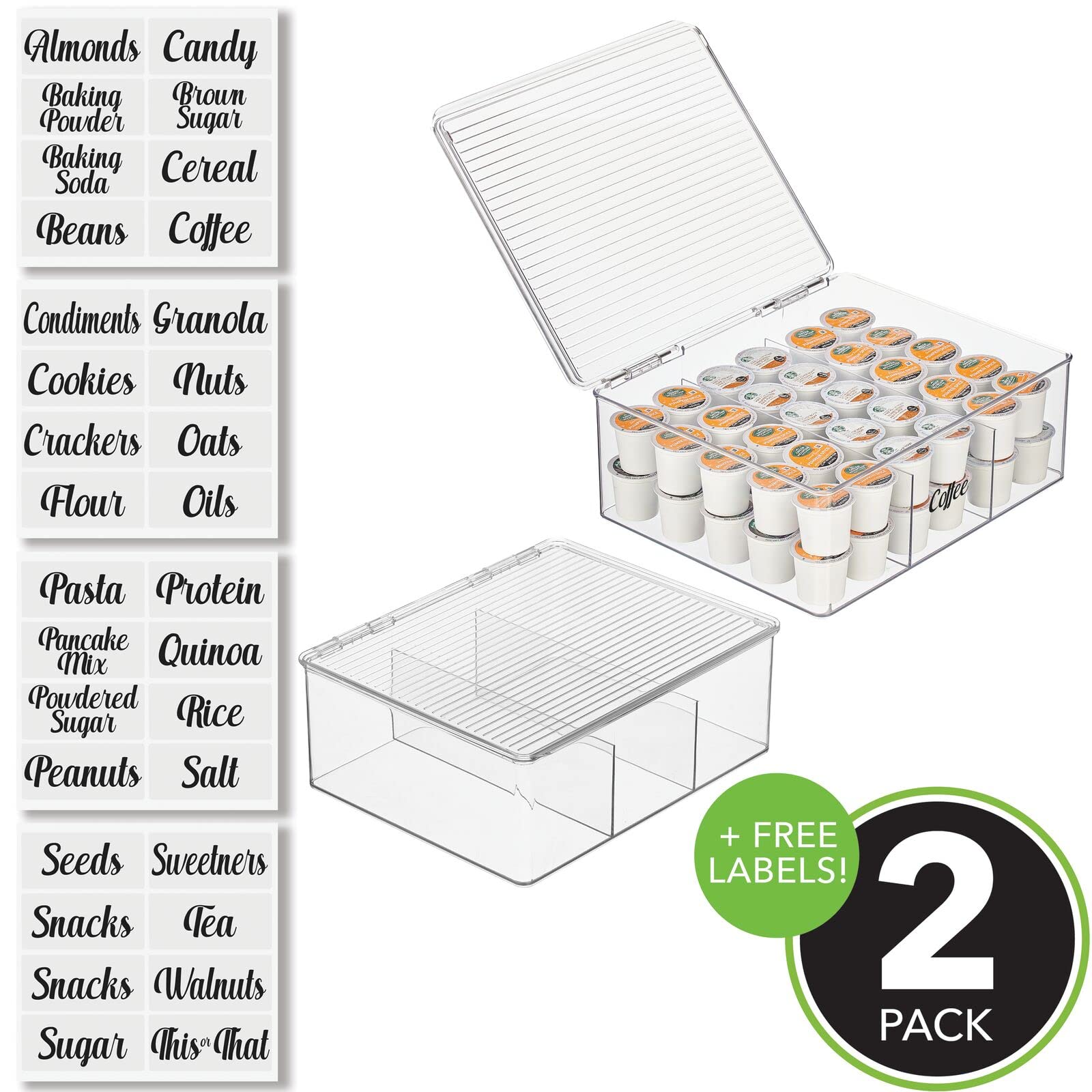 mDesign Plastic Stackable Pantry Divided Storage Bin Box with Lid and Labels - Coffee Pod and Kitchen Supply Organizer for Cabinet, Cupboard, Shelf, or Counter - Includes 2 Bins, 32 Labels - Clear
