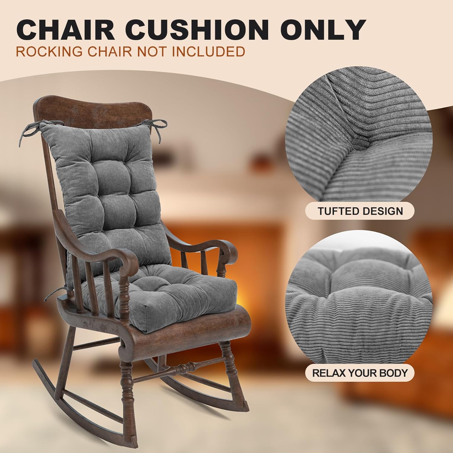Lokex Rocking Chair Cushion Only,Tufted Non-Slip Comfortable Rocking Chair Cushions Indoor with Ties,Striped Rocking Chair Pads