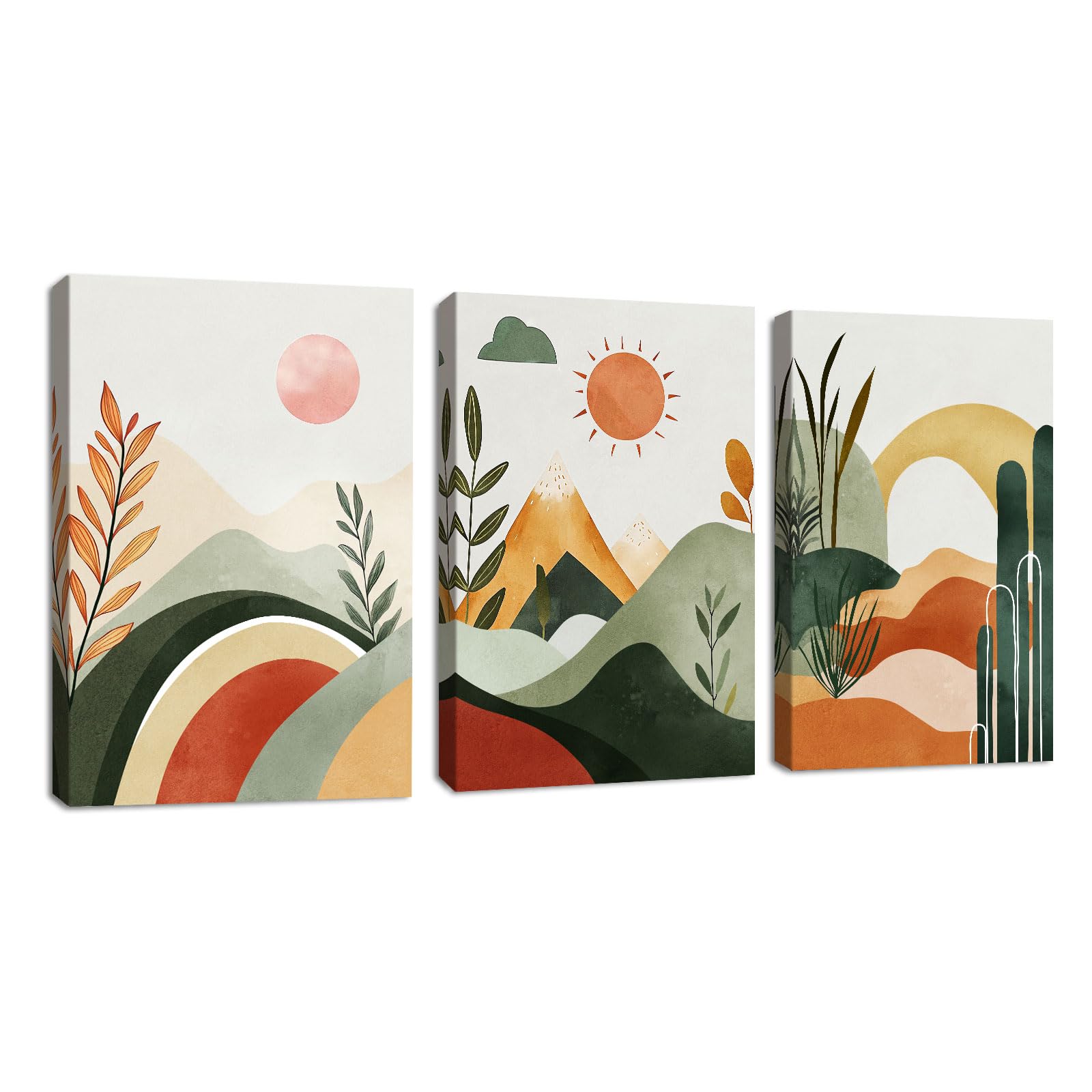 3 Pcs Grün Boho Berg Sonne Illustration Leinwandbilder Bilder mit Rahmen, Abstrakt Wüste Landschaft bild auf leinwand Wandkunst Wandbilder Kunstdruck Deko für Wohnzimmer Schlafzimmer 40cmx60cmx3Pcs