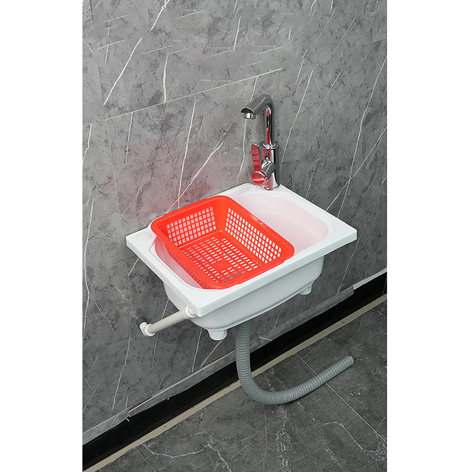 Fregadero de resina para exteriores, 38,5 x 28,5 x 18 cm, color blanco, para jardín, restaurante, garaje, camping, incluye grifo mezclador frío y caliente