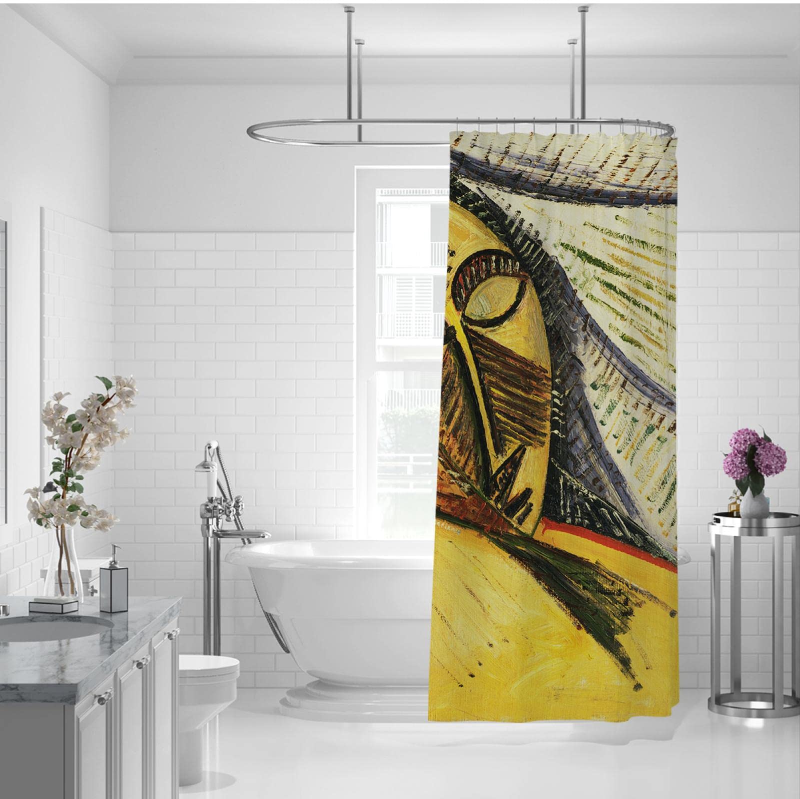 Picasso Set di tende da doccia da bagno Set di tende da bagno di design impermeabile con 12 ganci tende da vasca astratte Qualità dell'hotel Giallo W280xL200cm