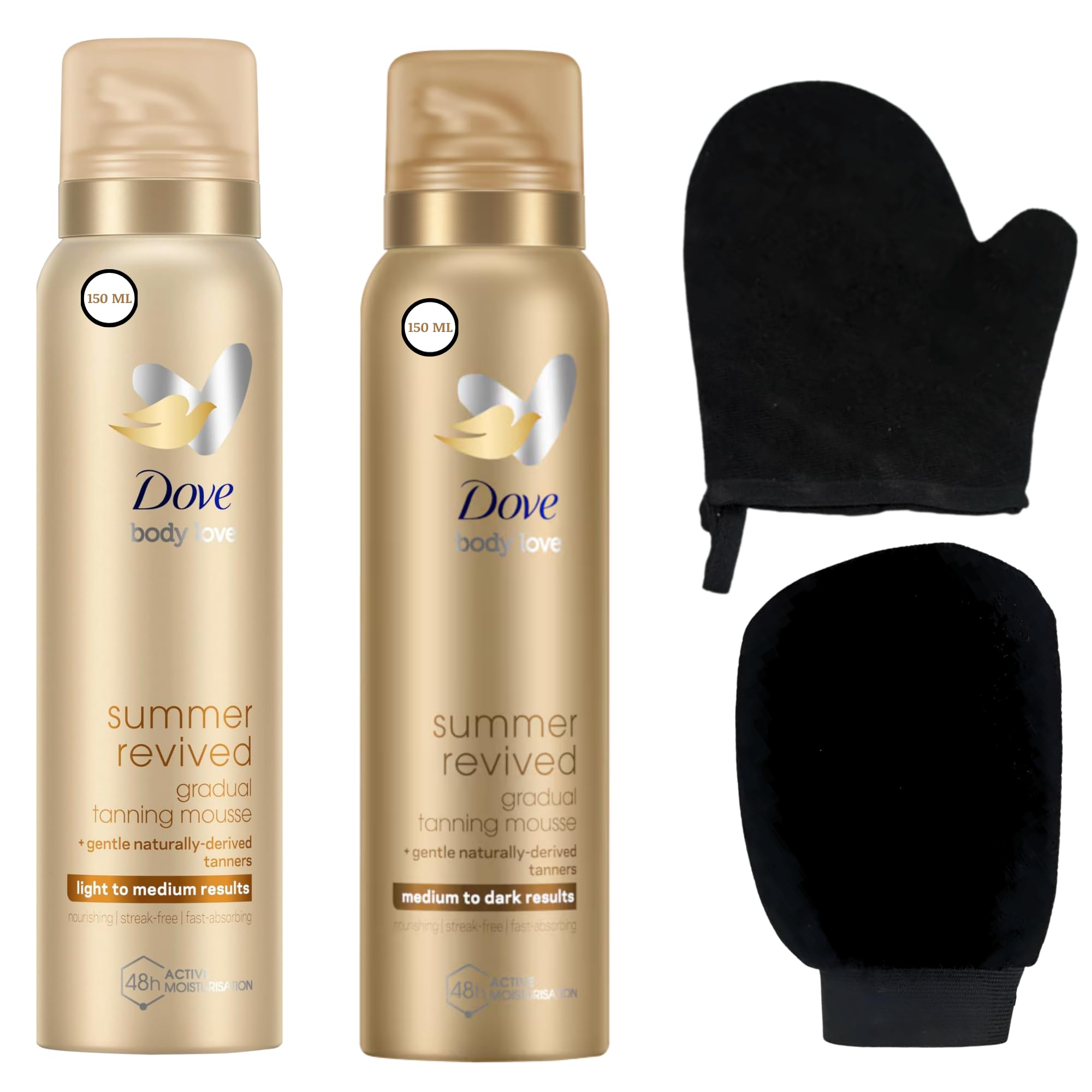 Dove Gradual Tanning Mousse Bundle, Light to Medium Tan 150ml & Medium to Dark Tan 150ml
