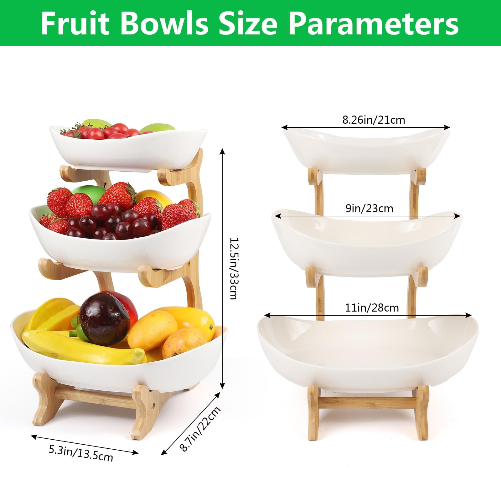 Keramische Fruitetagère Met 3 Etages - Ruimtebesparende Fruitmand Stabiel En Zonder Te Morsen Fruitschaal Modern Met Bamboestandaard Voor Groenten Gezin