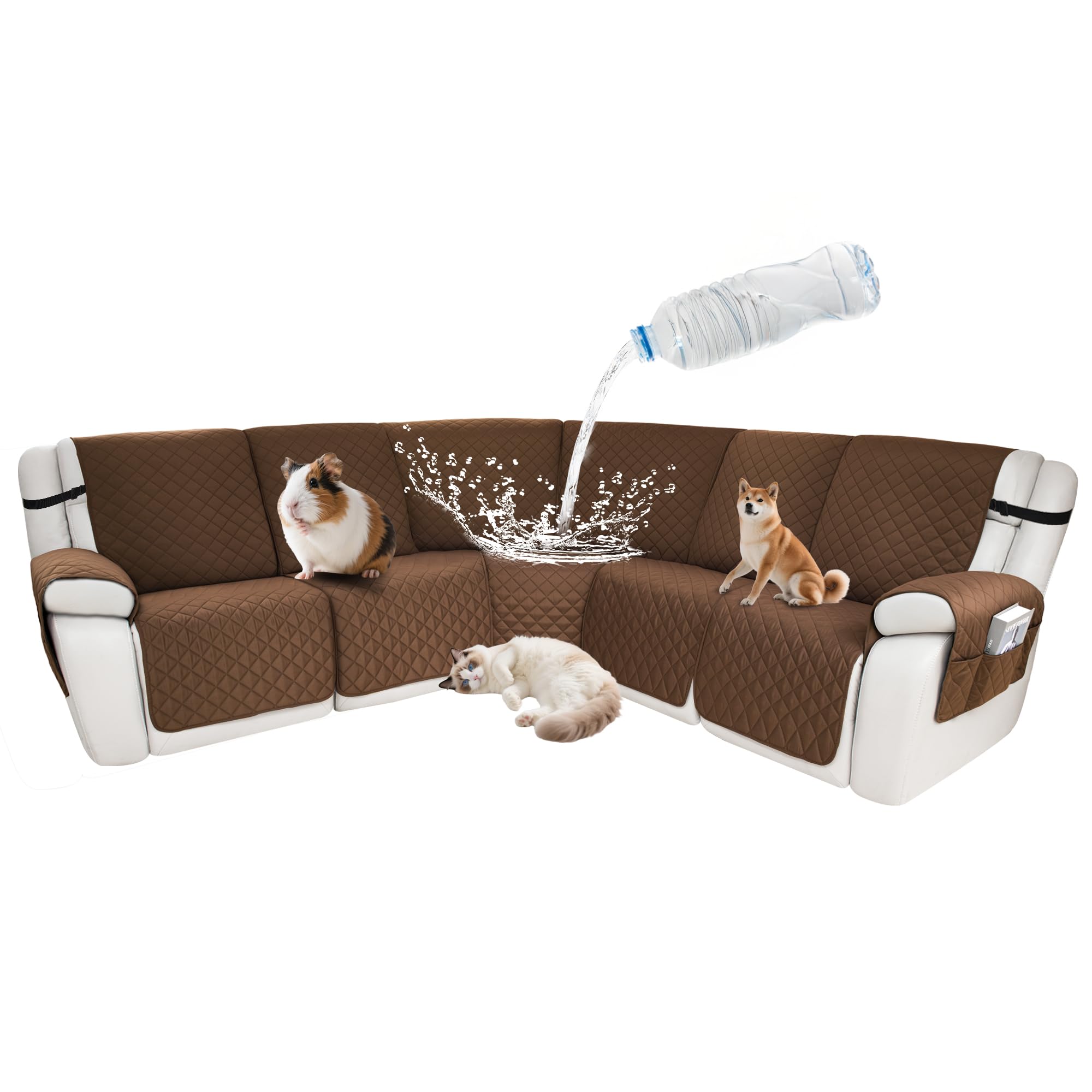 Waterproof Sectional Reclining Couch Covers L Shaped Recliner Sectional Sofa Cover 7 Piece Non Slip Washable Corner Recliner Slipcover Set for Pet Dog (5 Seater Cover, Brown)