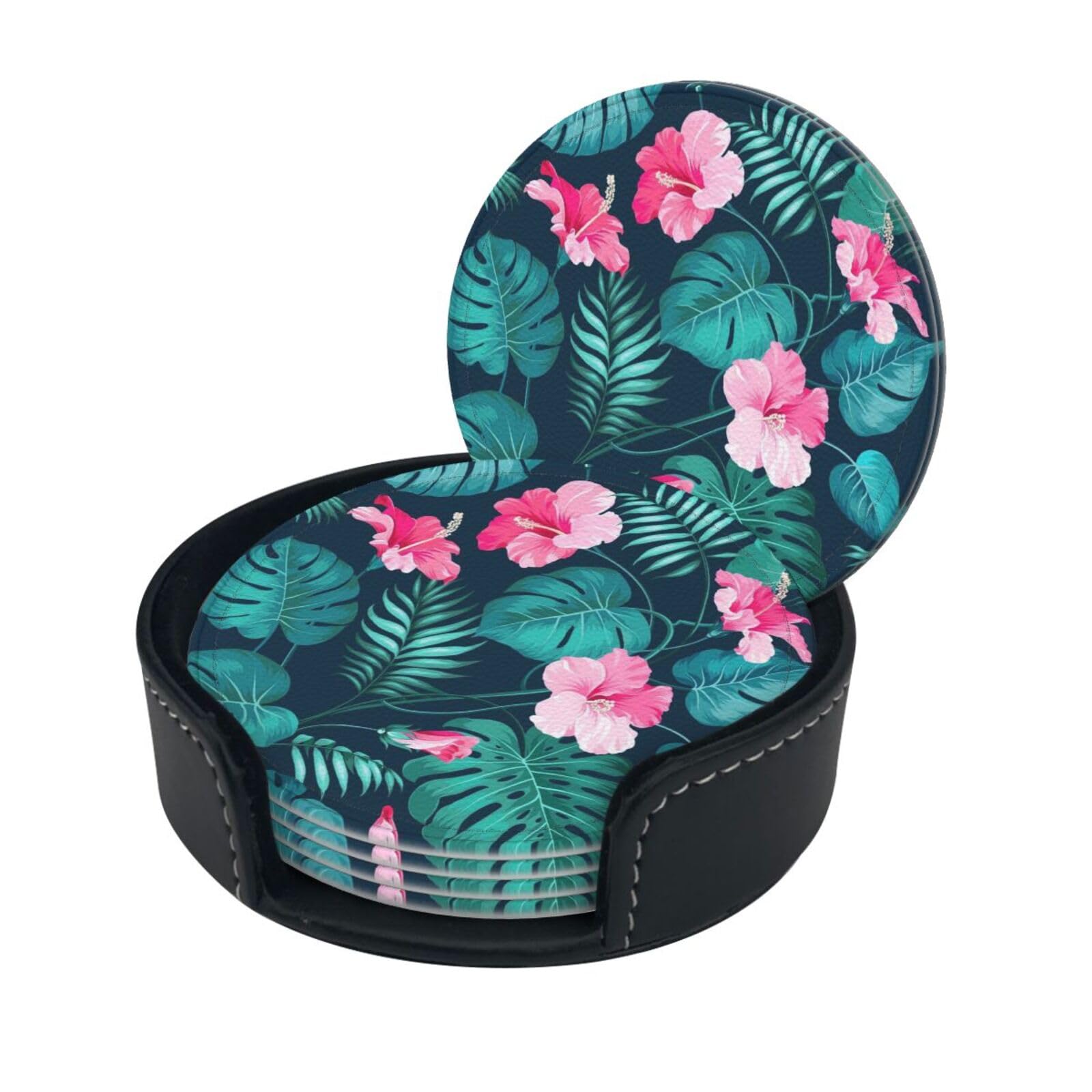 Hawaii Pink Flower Drink Coasters Set of 6 with Holder Decorative Round Cup Coasters for Coffee Table Kitchen Office Bar