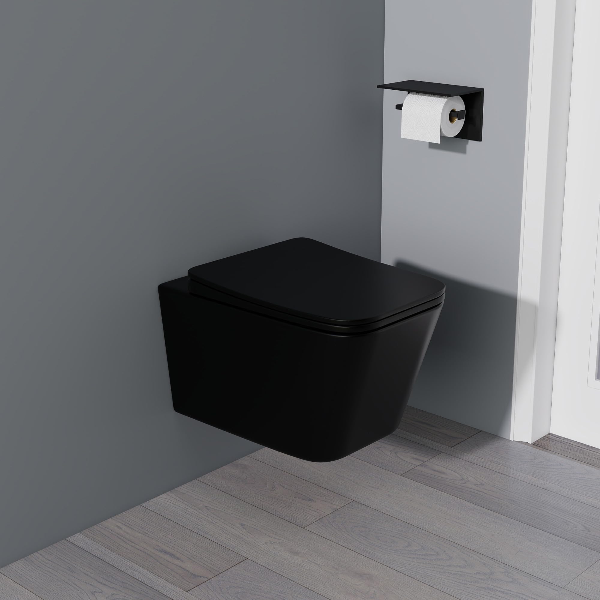 Yishang Wand Hänge Spülrandlos Toilette, 360° Einloch Superspin Spülung, Siphon Technik, Sanft-Schließender Sitz, 52cm Schwarz Keramik für Gästezimmer & Badezimmer