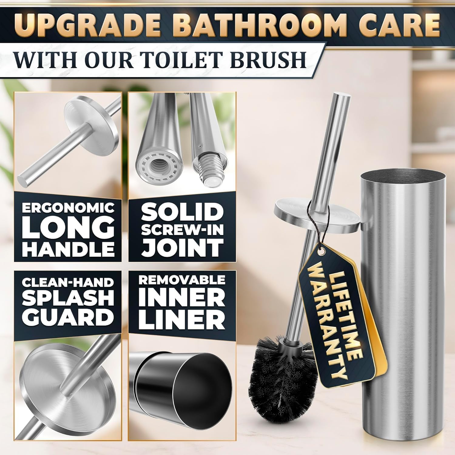 2 Pcs Stylish Stainless Steel Toilet Brush and Holder Set - Silver Toilet Bowl Brush and Holder with Splash Cover, Sturdy Bristles, Corrosion & Scratch Resistant - Elegant Design, Effective Cleaning