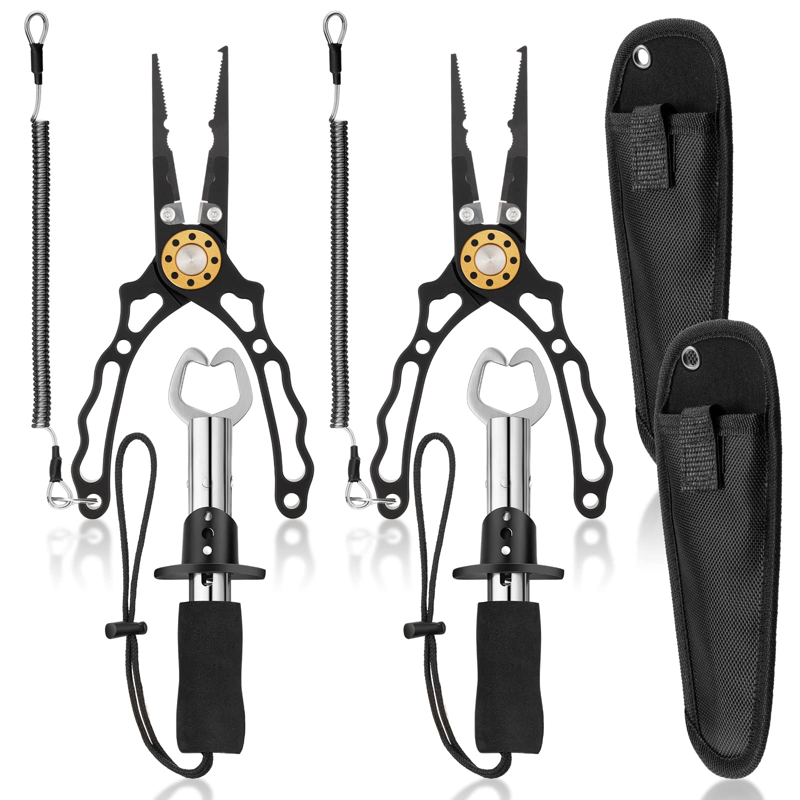 Honoson 2 Pcs Fishing Pliers and 2 Pcs Fish Lip Gripper Multifunction Hook Remover Split Ring Saltwater Resistant Lip Grabber Anti Corrosion Ice Fishing Gear with Sheath for Men Ice Fly Fishing Gift