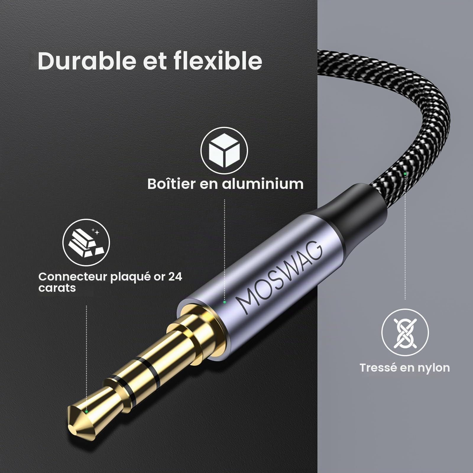 MOSWAG Rallonge Jack Audio 3.5 mm 3 Pôles pour Casque Micro, Nylon Tressé Jack Mâle vers Femelle Câble Extension Audio Stéréo Compatible avec MacBook, IMAC, voitures, téléviseurs, DVD (1M)
