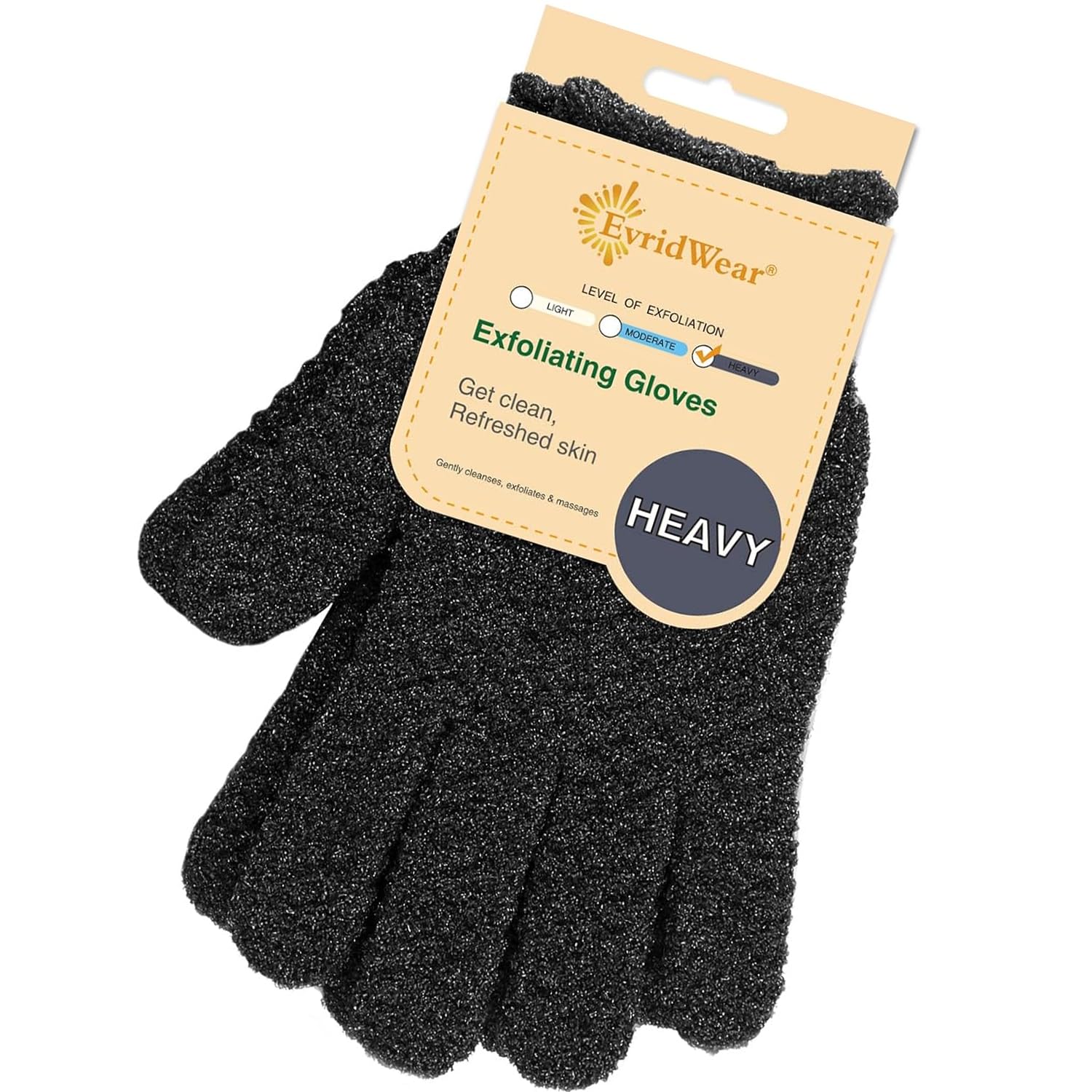 Evridwear Exfoliating Dual Texture Bath Gloves for Shower, Spa, Massage and Body Scrubs, Dead Skin Cell Remover, Gloves with Hanging Loop (1 Pair Black Heavy Glove)