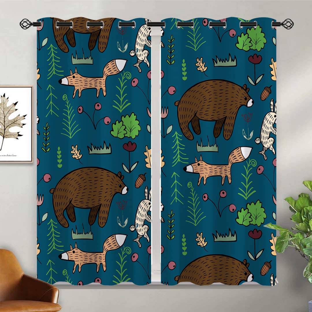ONINUO Cartoon Animals Blackout Curtains for Girls Boy Home Decor, Woodland Nursery Cute Jungle Bear Grommet Thermal Insulated Drapes Darkening Window Curtain for Bedroom Living Room, 55 x 63 Inch