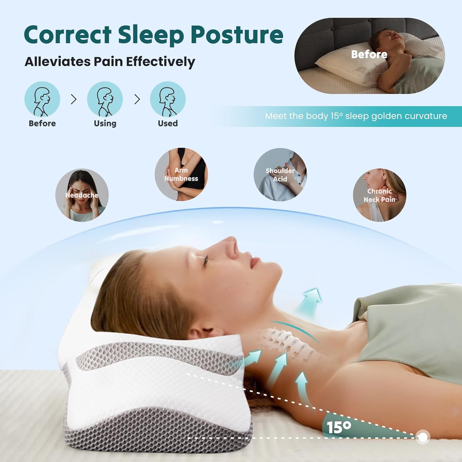NEWBULIG Cervical Neck Pillow - Ergonomic Memory Foam Pillow for Neck Pain Relief, Contour Orthopedic Bed Pillow for Side, Back & Stomach Sleepers with Neck Support, Queen, White & Grey