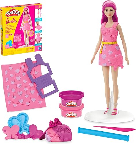 Play-Doh Barbie - Juego de corazones y cabello, haz ropa de muñeca con compuesto de modelado y 10 accesorios de moda, artes y manualidades para