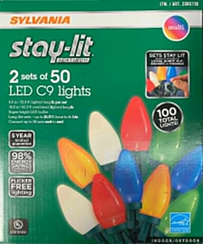 SYLVANIA Stay-Lit Platinum - Tira de luces LED C9, 2 juegos de 50, para interiores y exteriores