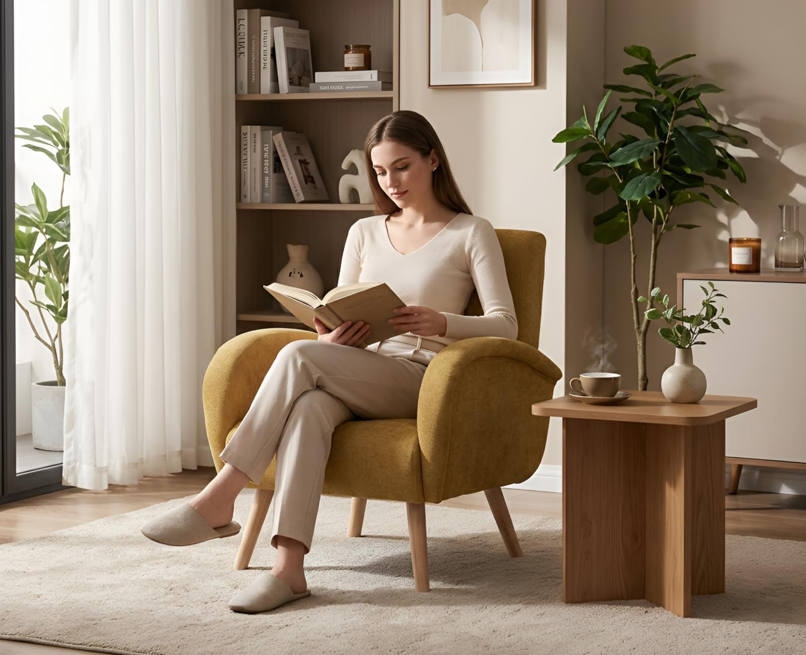 Ya-Home Sessel Wohnzimmer Loungesessel aus Chenille Polstersessel mit Holzbeinen, Clubsessel Sofa für Wohnzimmer/Schlafzimmer, Gelb