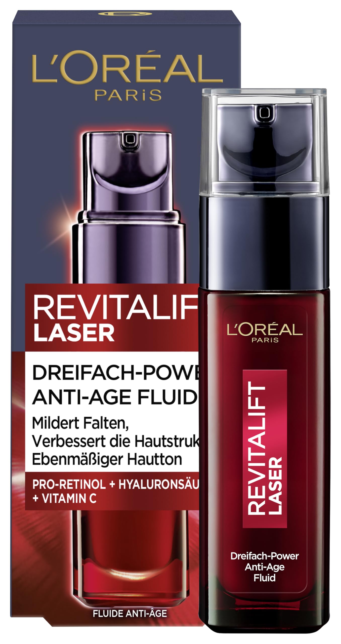 L'Oréal Paris Anti-Aging Fluid für Frauen, Gesichtspflege gegen Falten & für ebenmäßigeren Hautton, mit Hyaluronsäure, Pro-Retinol und Vitamin C, Revitalift Laser, 30 ml