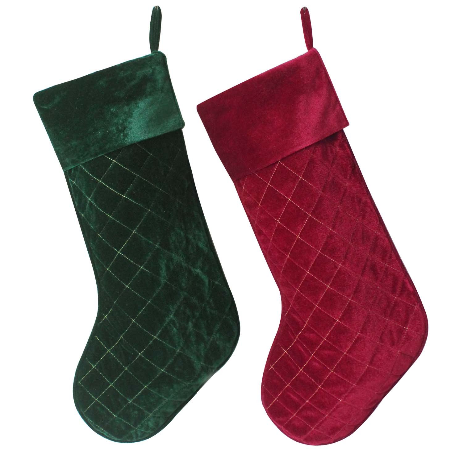 Gireshome Set of 2 pcs Burgundy & Green Velvet Stocking Diamond Quilted Embroidery Decoration Socks Christmas Stocking Xmas Tree Decor Festival Party Ornament 10