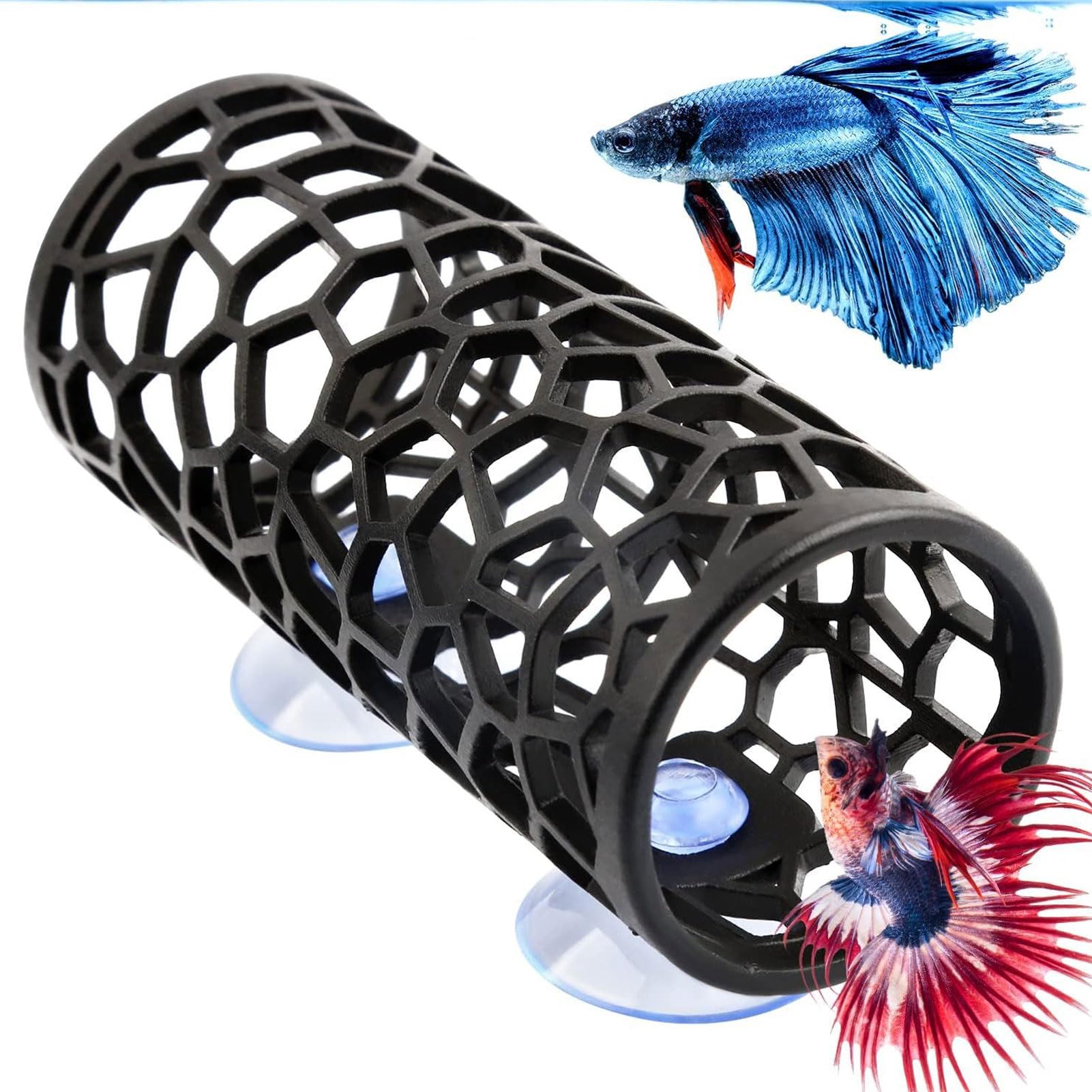 JOROBURO Betta Fish Tunnel, Safe Small Hole Hollow Fish Hideout Resting Tube with Suction Cup, Aquarium Decorations Hideout Betta Fish Tank Accessories Hammock for Betta Guppies Resting(Black)