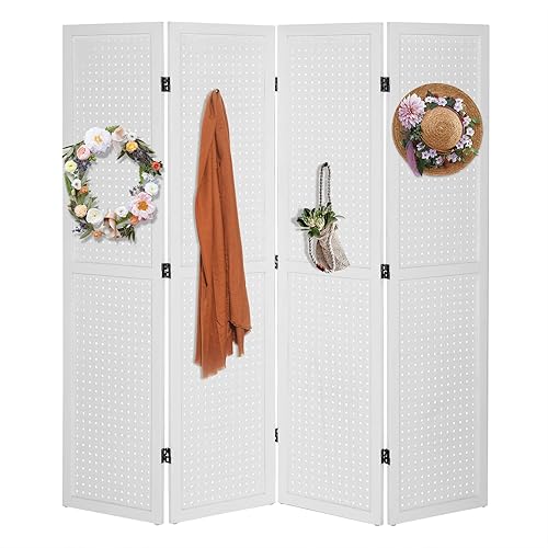 Bonnlo 4 Panel Pegboard Freestanding, 5 FT Portable Display Board Organizer for Craft Show Jewelry, Wooden Folding Privacy Screen Room Divider (White) - Without Base - White