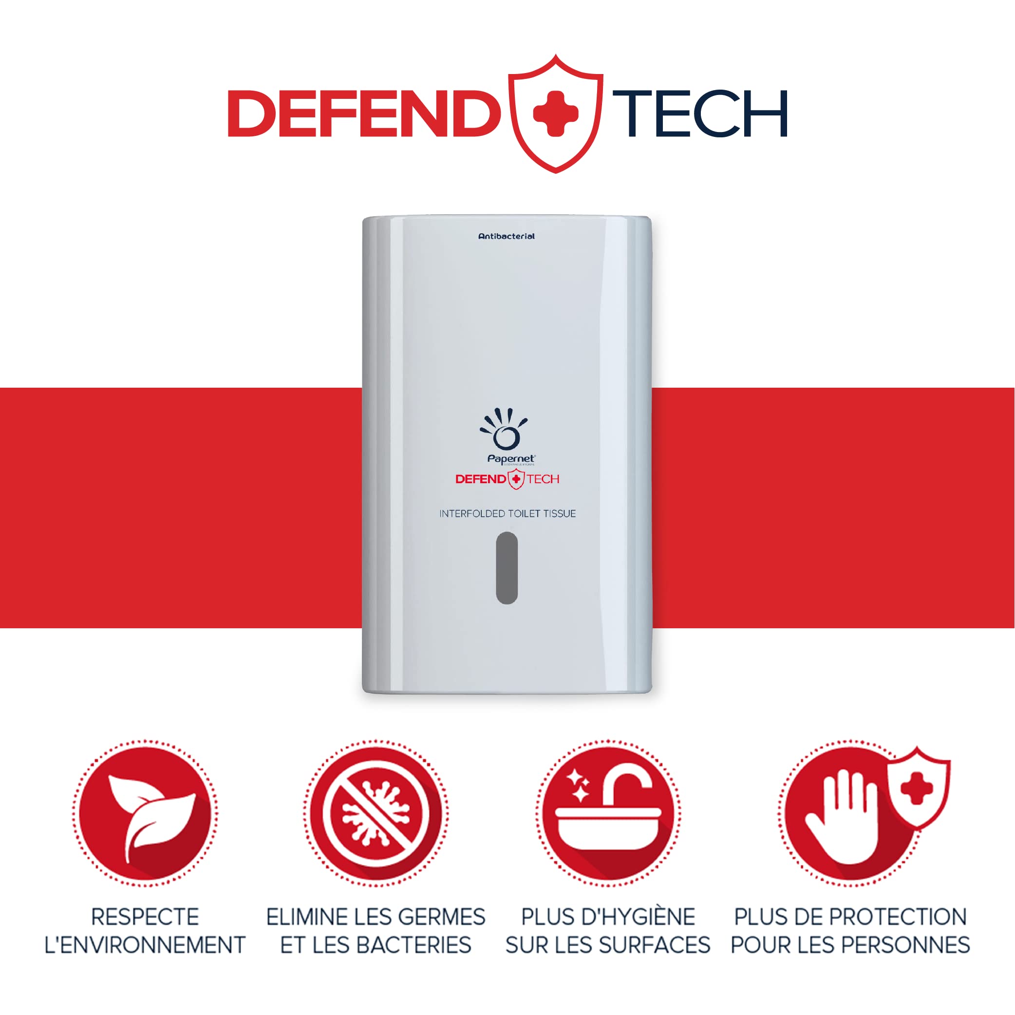 Papernet Defend Tech - Distributeur Papier Toilette Plié | (416147), Réalisé en Plastique Antibactérien, Dimensions 26,5 x 16,5 x 13,5 cm, Capacité Maximale 2500 Services, Blanc