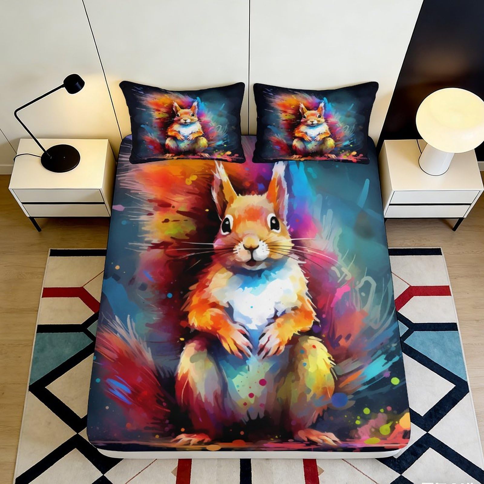 3D Printed Squirrel Fitted Sheet, Colourful Microfiber, Wrinkle Resistant, Home Decor, Bed Cover, Guest Room Bedding, Easy Care, 110x200cm 90x200x25cm