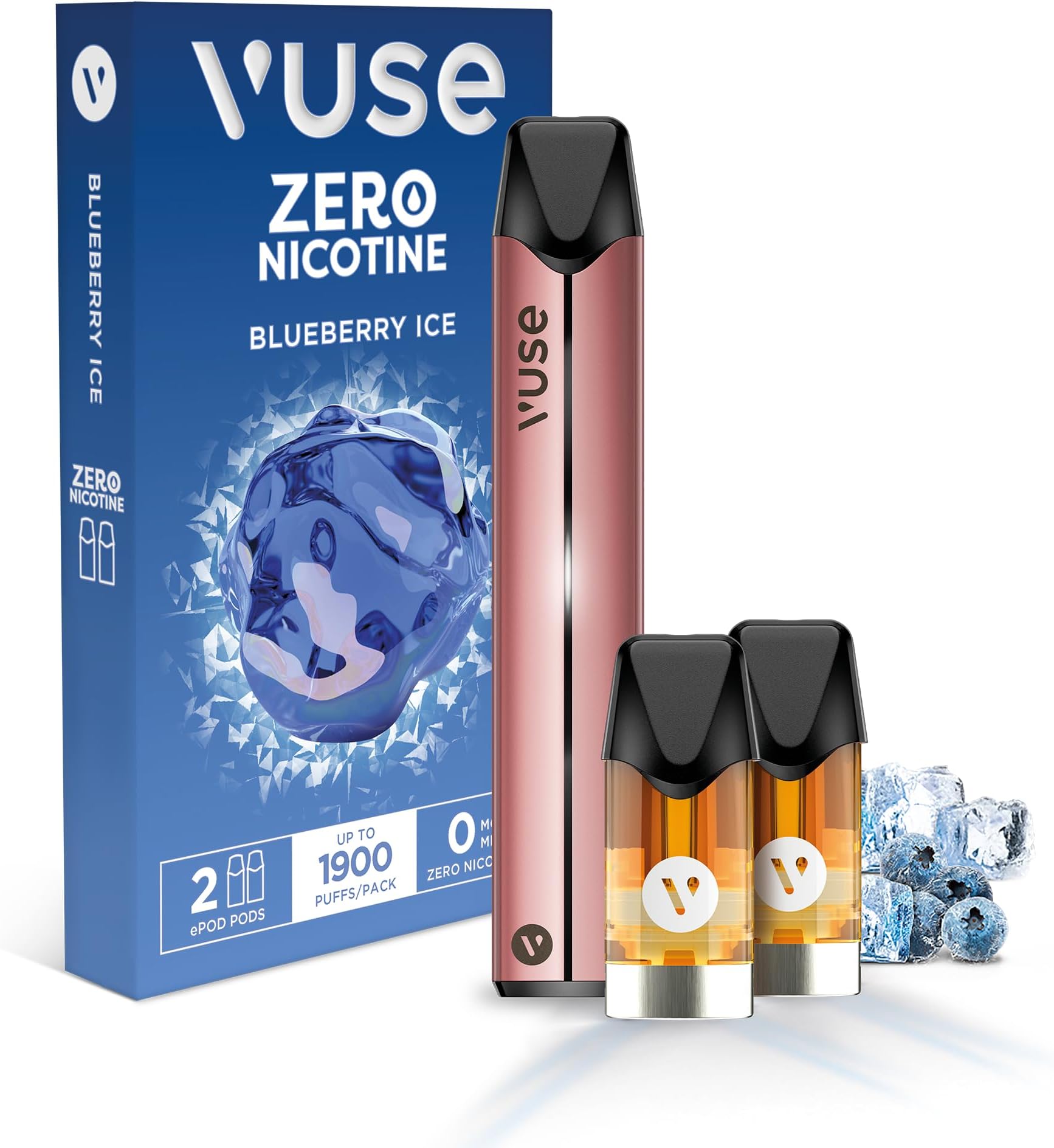 Vuse Pro Vape Kit, Slim Design, Fast Charging, Splash-Resistant, reusable vape, rechargeable vape, refillable vape, with Blueberry Ice 0mg vape pods x2, no nicotine, no tobacco, Rose Gold